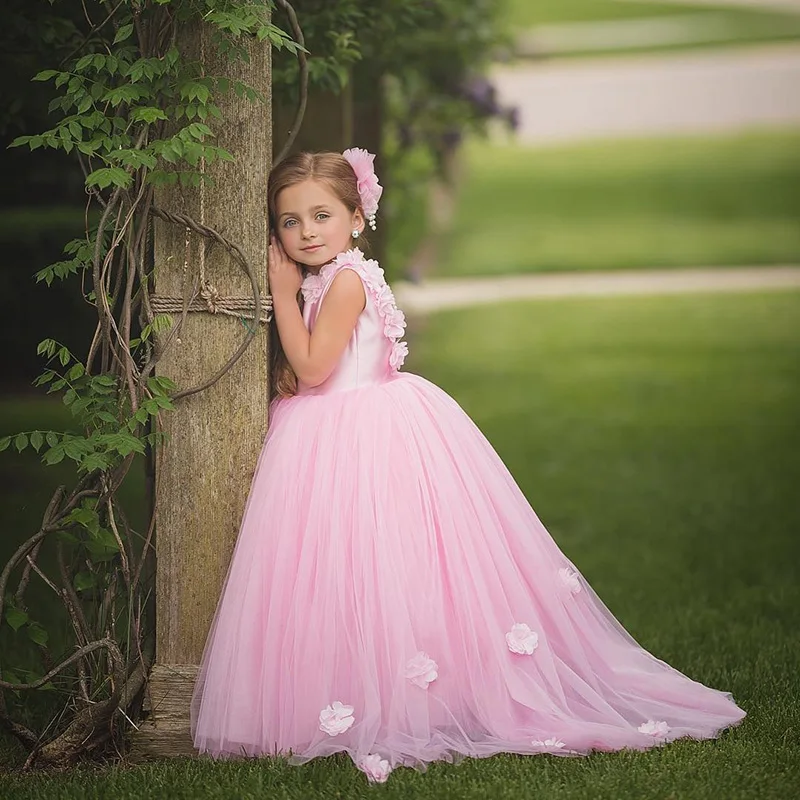 

Pink Flower Girl Dresses 3D flowers Kids Ball Gown Lace Apploques pearls back girls pageant dresses vestido daminha