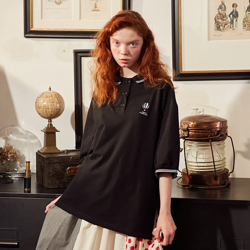 

Original Design Ladies Black T-shirt Balloon Letter Embroidery Short Sleeve Women Tshirts Perppy Style Femme Tees Shirts Tops
