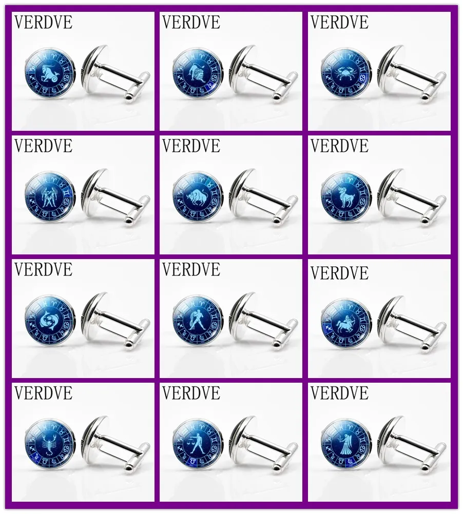 

New12 Zodiac Glass Convex Cufflinks Metal Constellation Cufflinks Men's Shirts Intimate Accessories Valentine's Day Gifts