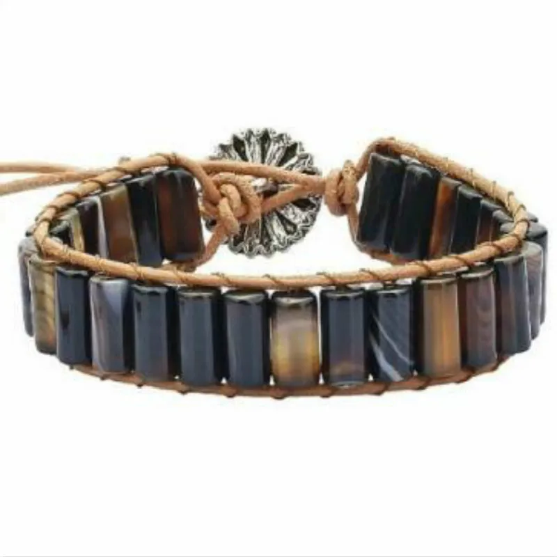 Новые браслеты в стиле бохо 1 слой из натурального камня форме трубки кожаный
