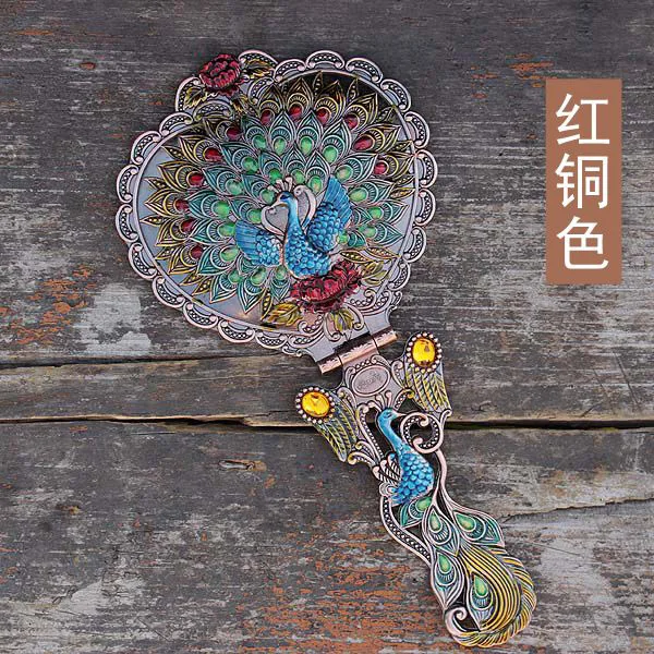 antique copper Ретро портативное маленькое Европейское зеркало на рукоятке макияж туалетное зеркало подарок на день рождения любимого тиснением красочный павлин 354 - Цвет: antique copper