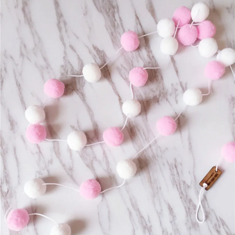 white pink Ручная работа, 200 см, шерстяные фетровые шары, помпоны, хлопковые Круглые разноцветные шары, украшение для детской комнаты, аксессуары для дня рождения, декор для вечеринки в скандинавском стиле - Цвет: white pink