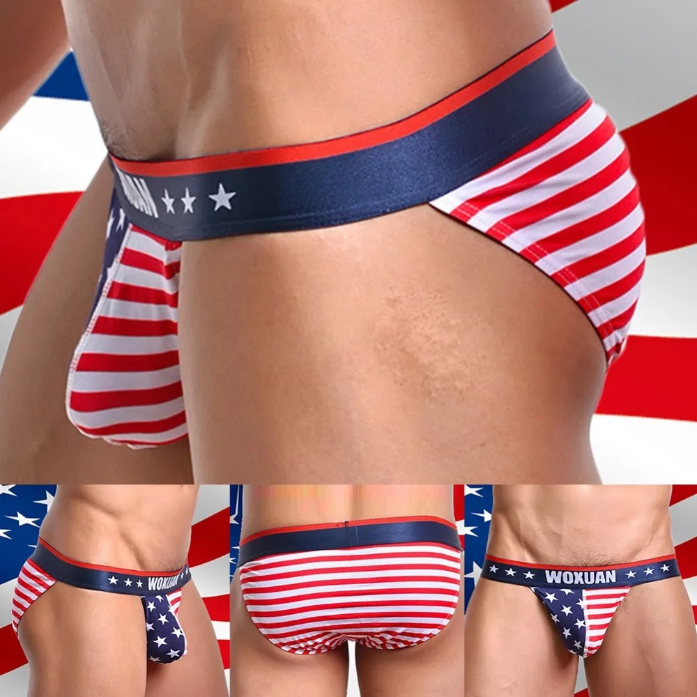 

Size S M L XL Spandex Cotton Sexy Men's Underwear US Flag Pattern Briefs WOXUAN Striped Stars Gay Bikini Panties