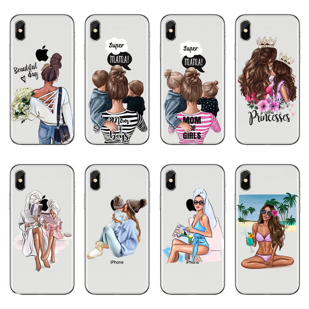 Модный черный и коричневый Чехол для мамы дочки с волосами iPhone X 6 6S Plus 7 8 8Plus 5 SE XR XS