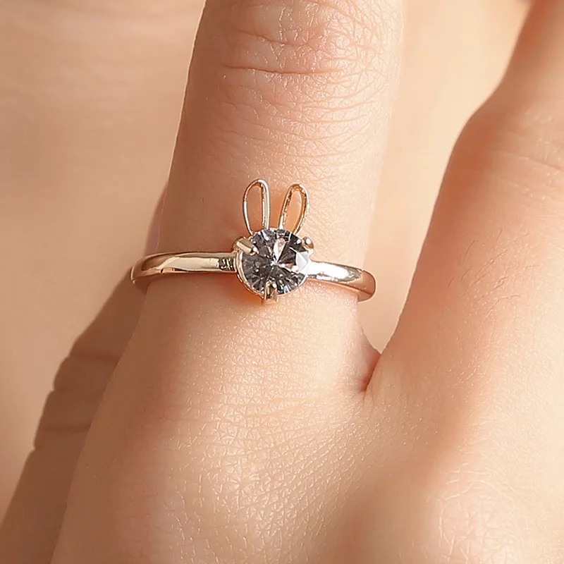 

Sweet Bunny Style Rabbit Shape Shiny Zircon Hollowed-Out Ears Adjustable Rose Golden White Rings For Women