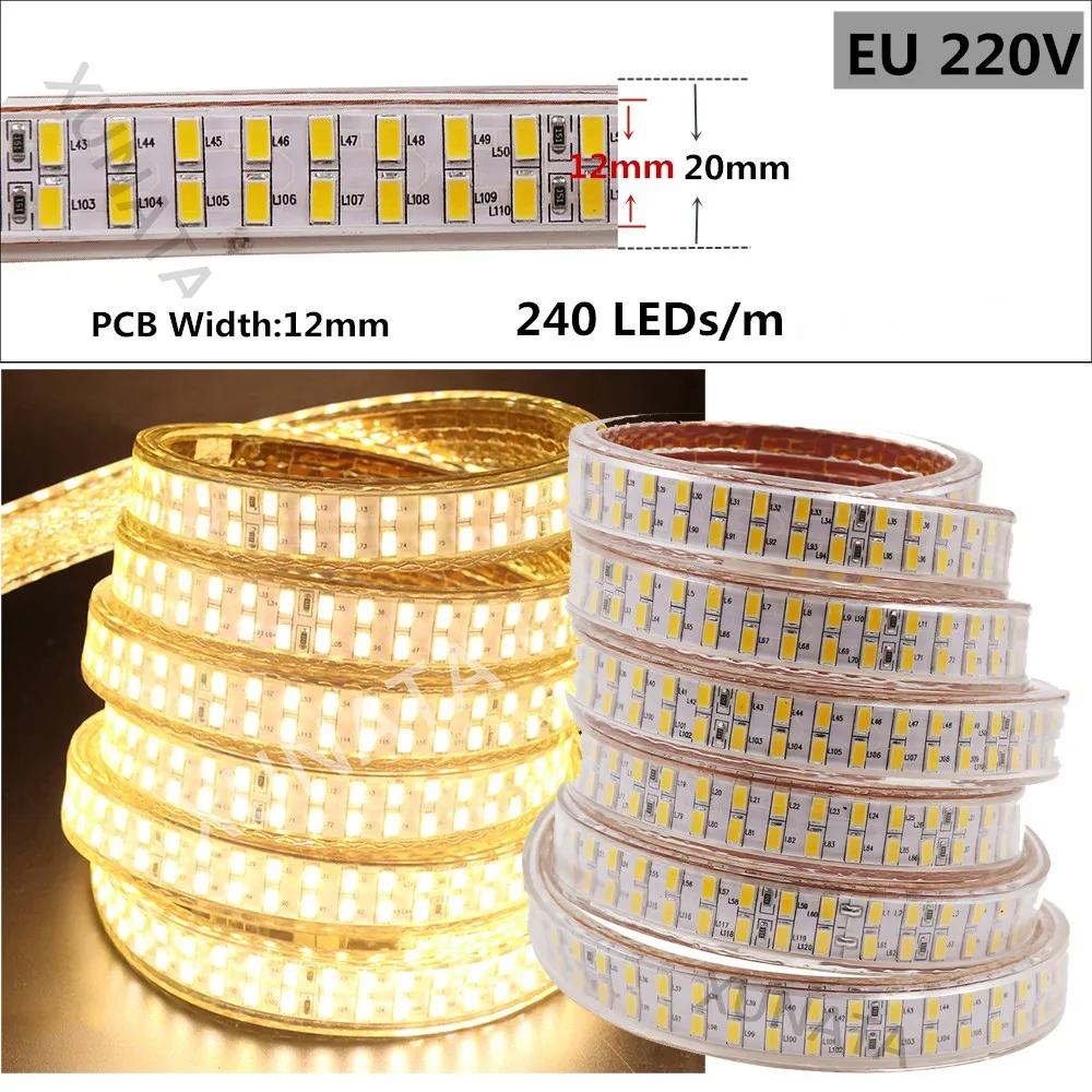 AC220V ЕС штекер SMD 5730 Светодиодная лента Водонепроницаемый 240 светодиодный s/m белый теплый белый с регулируемой яркостью гибкий светодиодный светильник