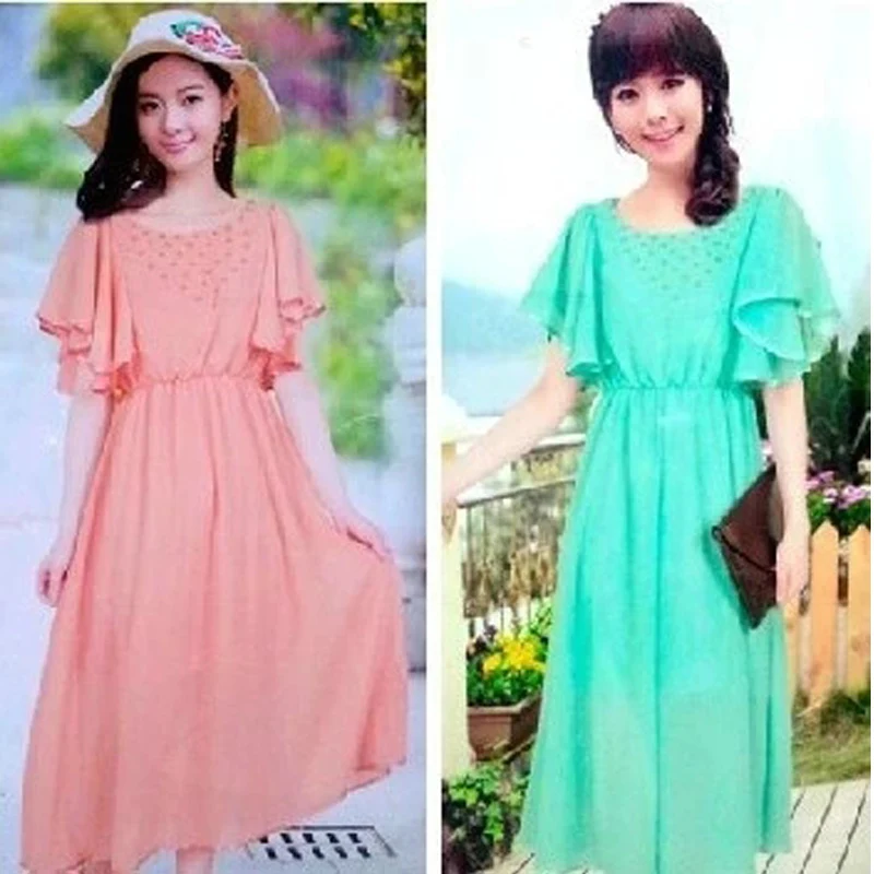 2016 новый полурукав элегантный богемы платье пляж шифоновое длиной до пола лето