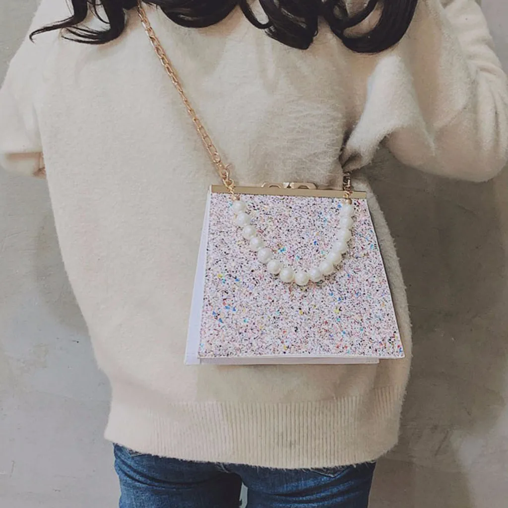 Женские сумки Bolsos Mujer, Женская жемчужная сумка через плечо, блестящая цепочка, кожаные красочные сумки-мессенджеры, сумка на плечо, сумка-тоут с жемчугом, сумка-мессенджер