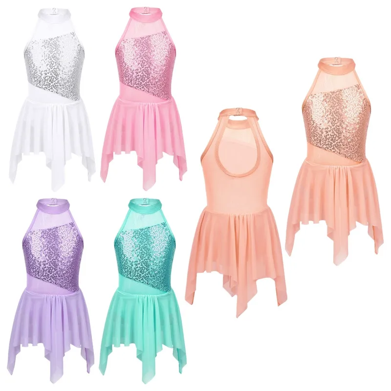 Teens Girls Sequins Ballet Leotard Dresses Children Irregular Tutu Dress Kids Figure Skating Stage Lyrical Dance Costumes | Детская