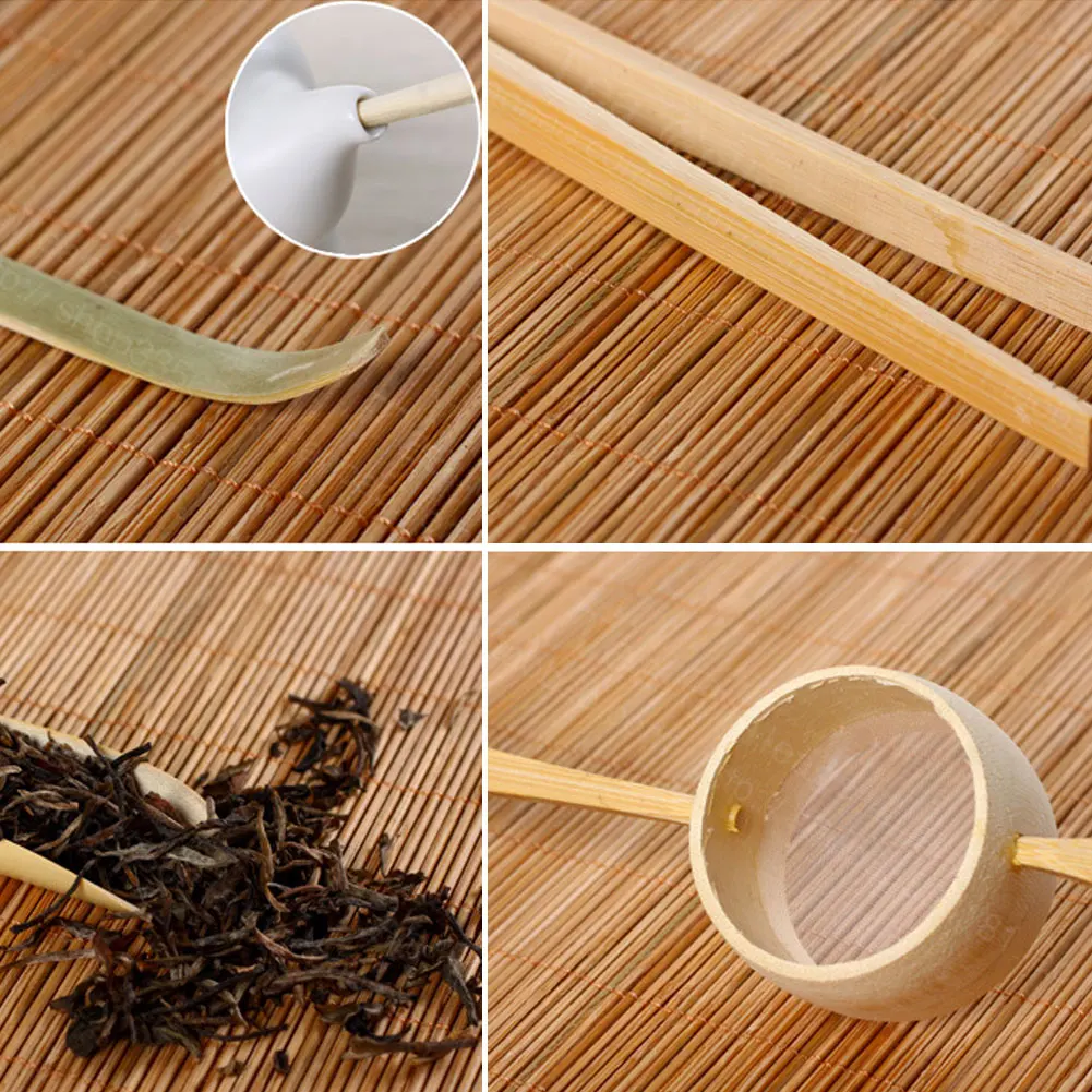 6Pcs Tea Ceremony Utensils Set Bamboo Teaspoon Clip Strainer Tong Case |