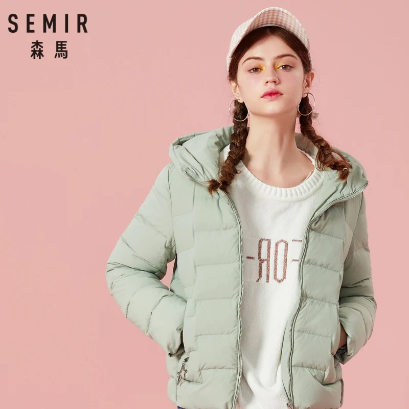 SEMIR женский стеганый легкий короткий пуховик с капюшоном с наклонным карманом, Женская пуховая куртка на подкладке
