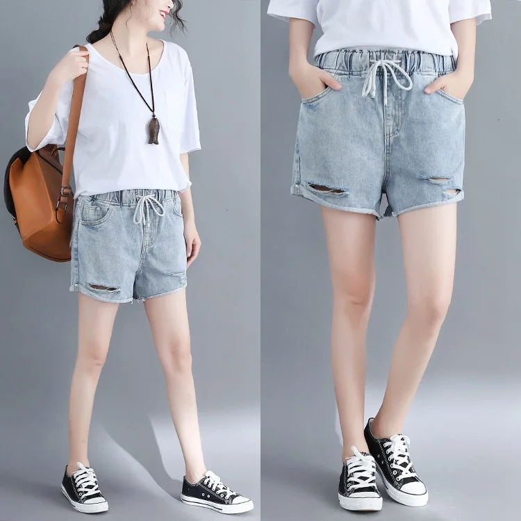 Summer Women Shorts Denim Hole Elastic Waist Bleached Casual Vintage Female Cowboy Wild Fashion | Женская одежда