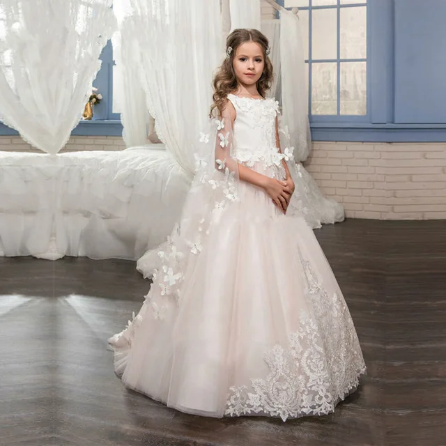

New Flower Girl Dresses 2018 First Communion Dress for Girls Butterfly Appliques Ball Gown Vestidos Longo Kids Pageant Gowns