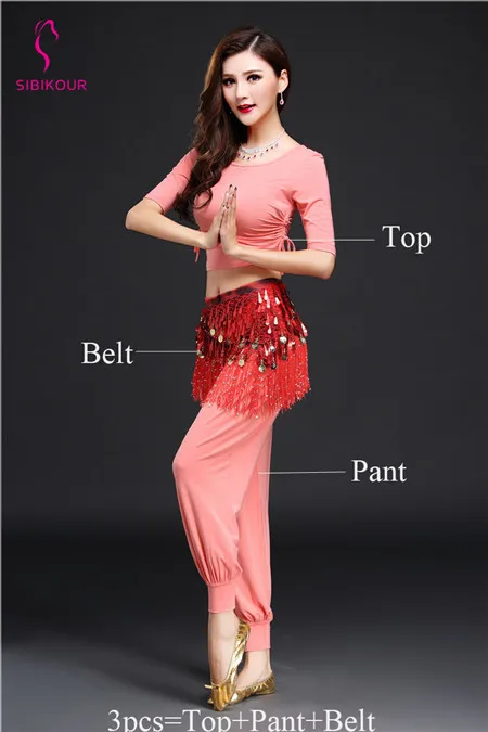 Orange 3pcs Женский костюм для танца живота, тренировочная одежда для йоги, одежда для танца живота для взрослых, Восточный Болливуд, индийский Топ, пояс для брюк, тренировочная одежда - Цвет: Orange 3pcs