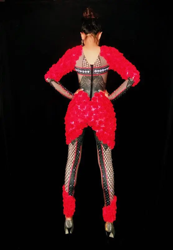 

Satge Perormance Women Fashion Singer Bodycon Jumpsuits Sexy Printing Pattern Women Mesh Leotard Dance Costumes Feather Clothes