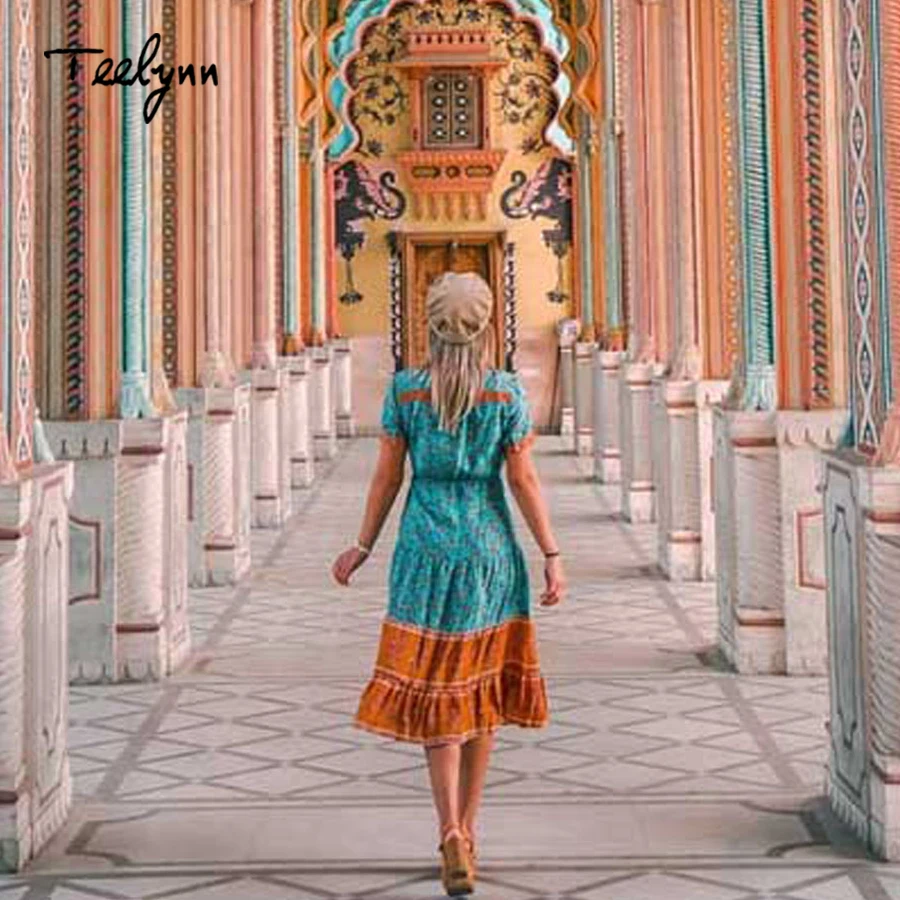 TEELYNN boho платье 2018 осень вискоза красный цветочный принт Длинные платья с коротким