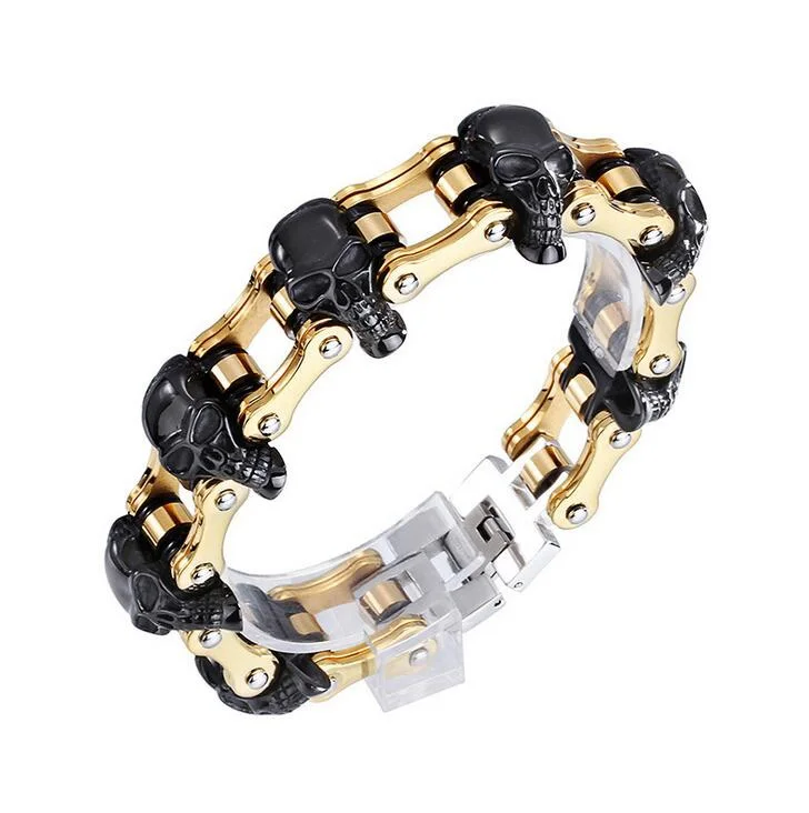 

Punk Rock Skull Bracelet Boys Mens Bicycle Biker Motorcycle Chain Black Gold Skull Bracelet Stainless Steel Bike Bracelet Bangle