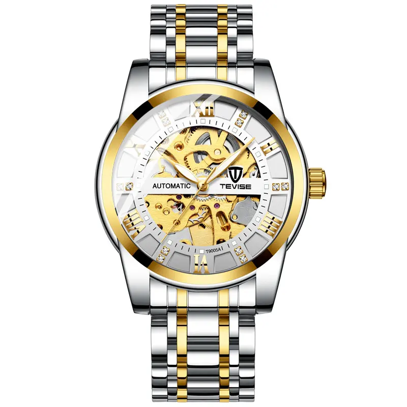 gold white TEVISE Top Luxury Brand Mens Automatic Watches Men Stainless steel Skeleton Mechanical Wristwatch Relogio Masculino - Цвет: gold white