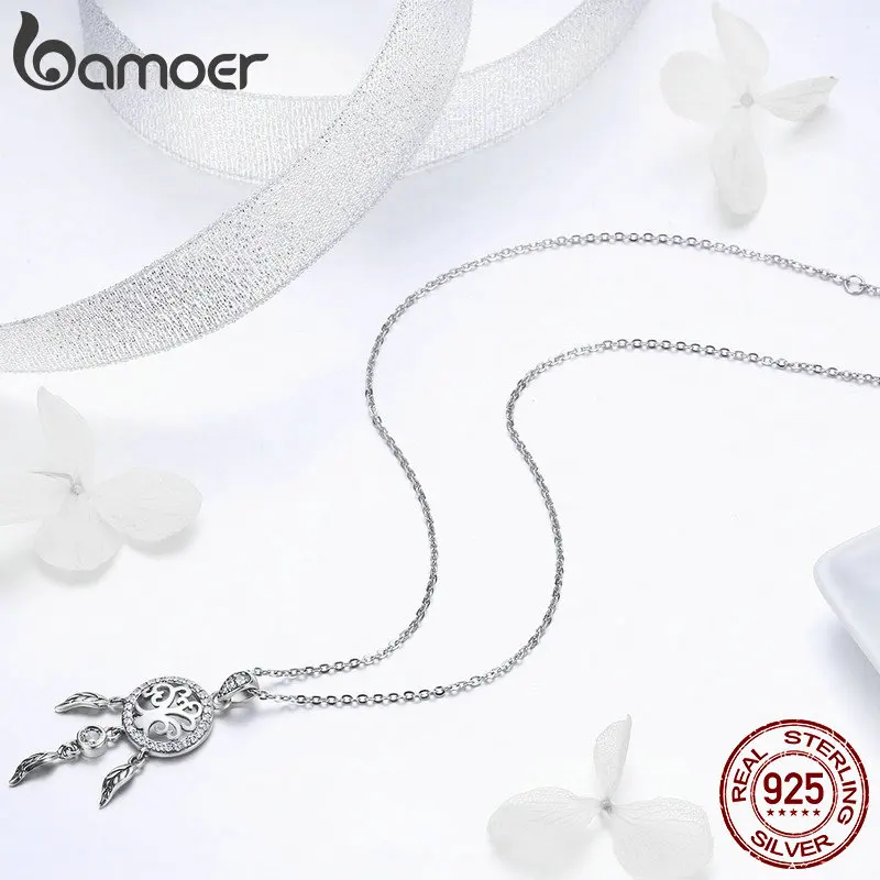 BAMOER Настоящее 925 пробы Серебряное Древо жизни Модный кулон в виде Ловца снов ожерелья для женщин Стерлинговое серебро ювелирные изделия SCN298