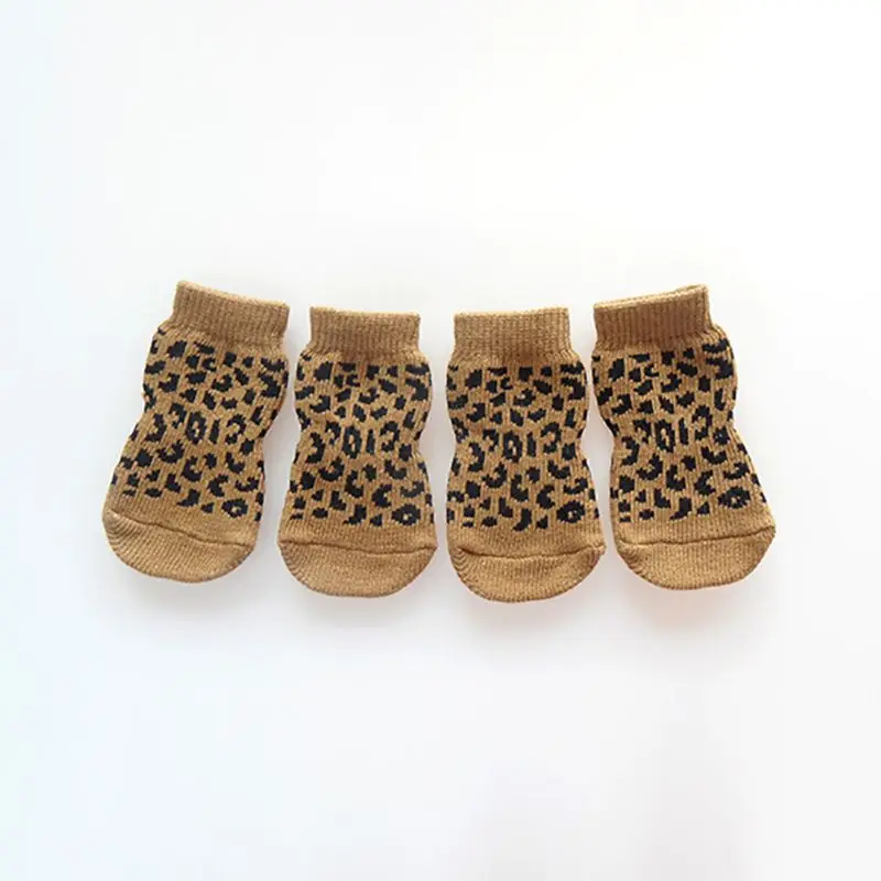 Leopard Горячая распродажа, 11 видов стилей, 4 шт., вязаные носки для домашних собак, нескользящие носки с рисунком лап, обувь, размер s m l xl - Цвет: Leopard