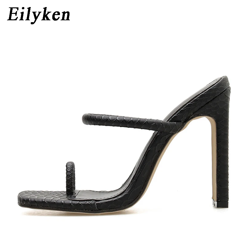 Black Eilyken/пикантные туфли с открытым носком на квадратном каблуке; модные босоножки под змеиную кожу; летние высококачественные новые женские босоножки на высоком каблуке; Размеры 35-40 - Цвет: Black