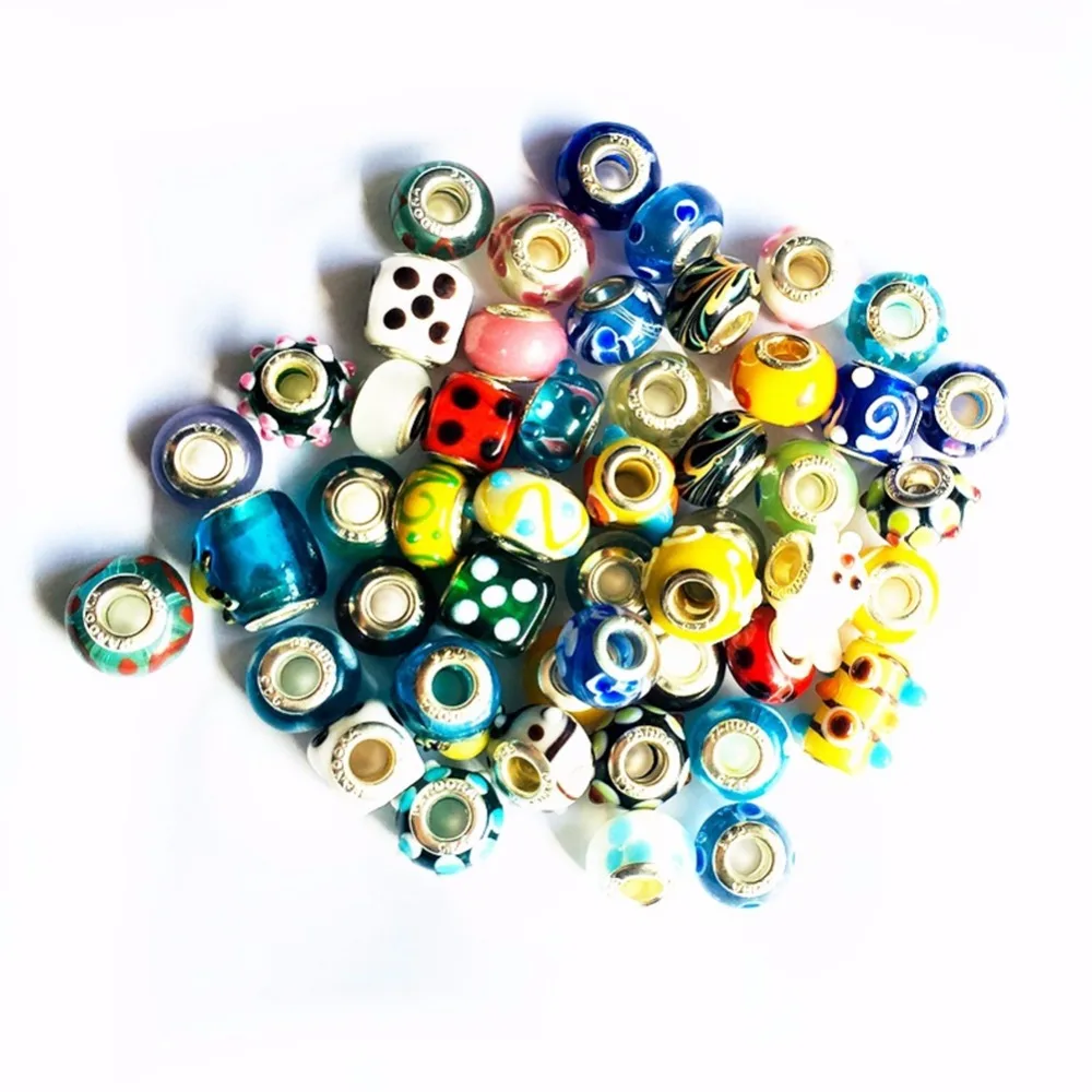 50pcs/pack DIY Round Square Big Hole Glass Bead Colorful With Wave Circle Ripple Point Pattern Jewelry Accessories For Bracelet | Украшения