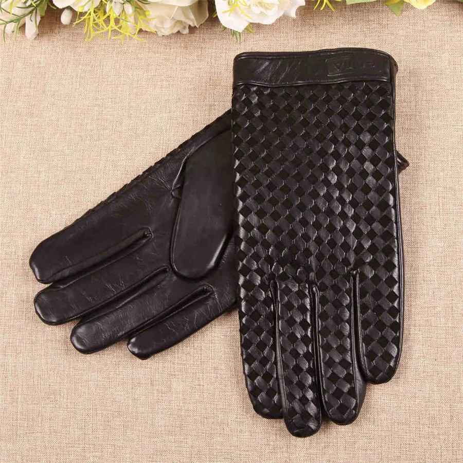 High Quality Business Genuine Leather Gloves Men Goatskin Glove Autumn Winter Plus Thermal Velvet Fashion Woven Plaid EM019NC-5