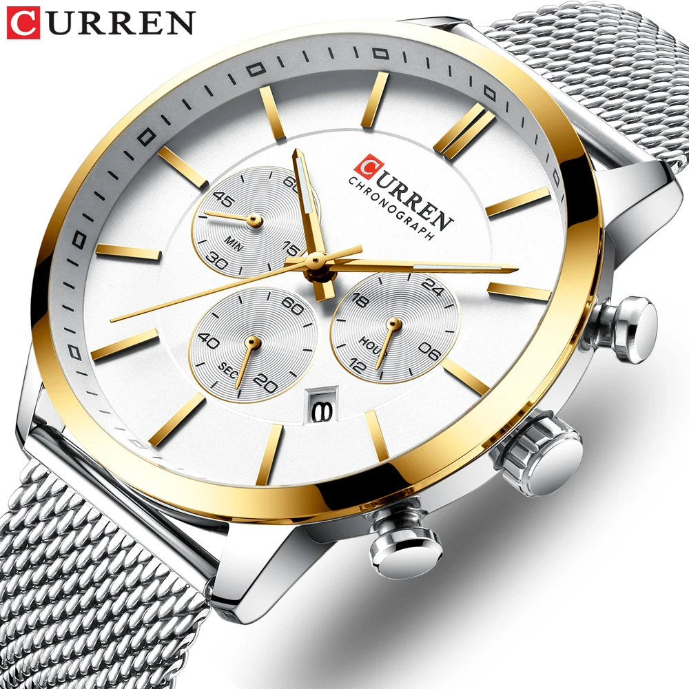 

New Fashion CURREN Luxury Brand Men's Business Dress Slim Quartz Wristwatches with Calendar Silver Mesh Steel Strap Gents Gift