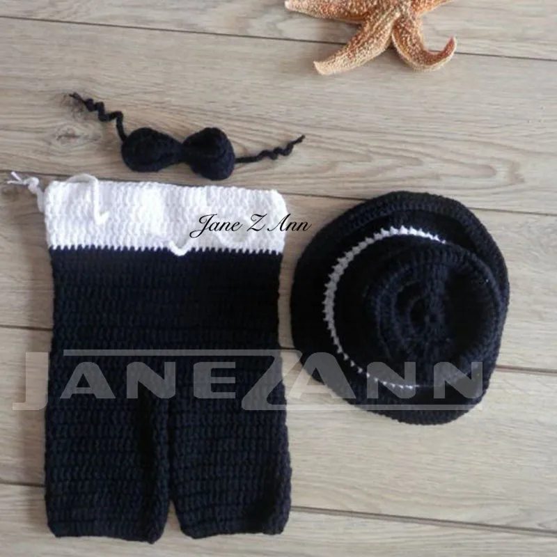 Jane Z Ann Newborn photography props hat+pants+bow tie infant boy gentlemen crochet outfit handmade knitting cotton yarn clothes | Детская
