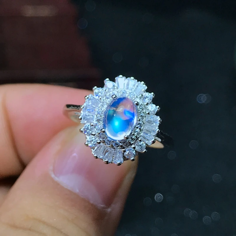Natural Blue Moonstone Rings for Women, 925 Sterling Silver Fine Jewelry, 5*7mm Gemstone Gift with Velvet Box Certificate FJ248