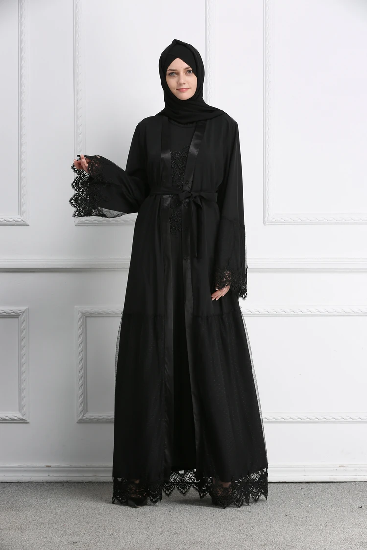 Muslim Lace Abaya Grenadine Black Full Dresses Cardigan Kimono Long Robe Gowns Jubah Middle East Ramadan Arab Islamic Clothing |