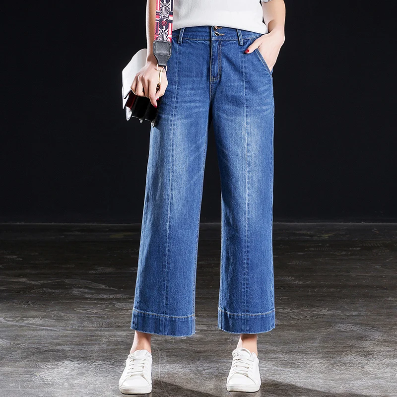 Хлопковые Джинсы женские прямые широкие брюки Жан Высокая Талия джинсовые с