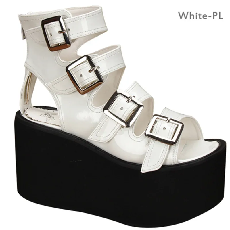 Для женщин в стиле «панк-рок» толстом каблуке сандалии на платформе и танкетке; туфли в стиле «Лолита»; Сандалии-гладиаторы с открытым носком; ботинки черного и белого цвета