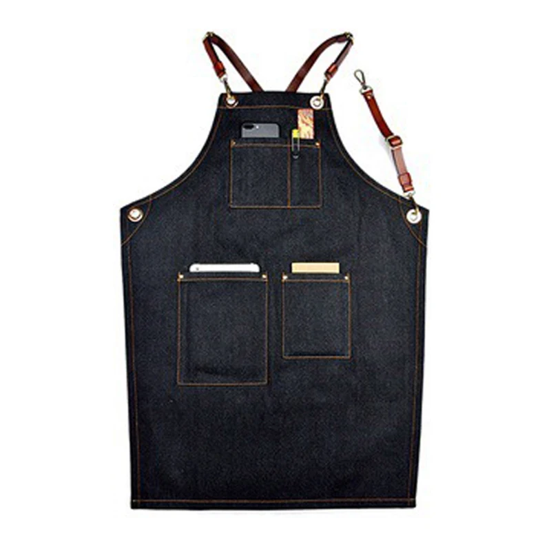 Джинсовый нагрудник фартук кожаный ремешок бариста Бейкер Рабочая форма бармен