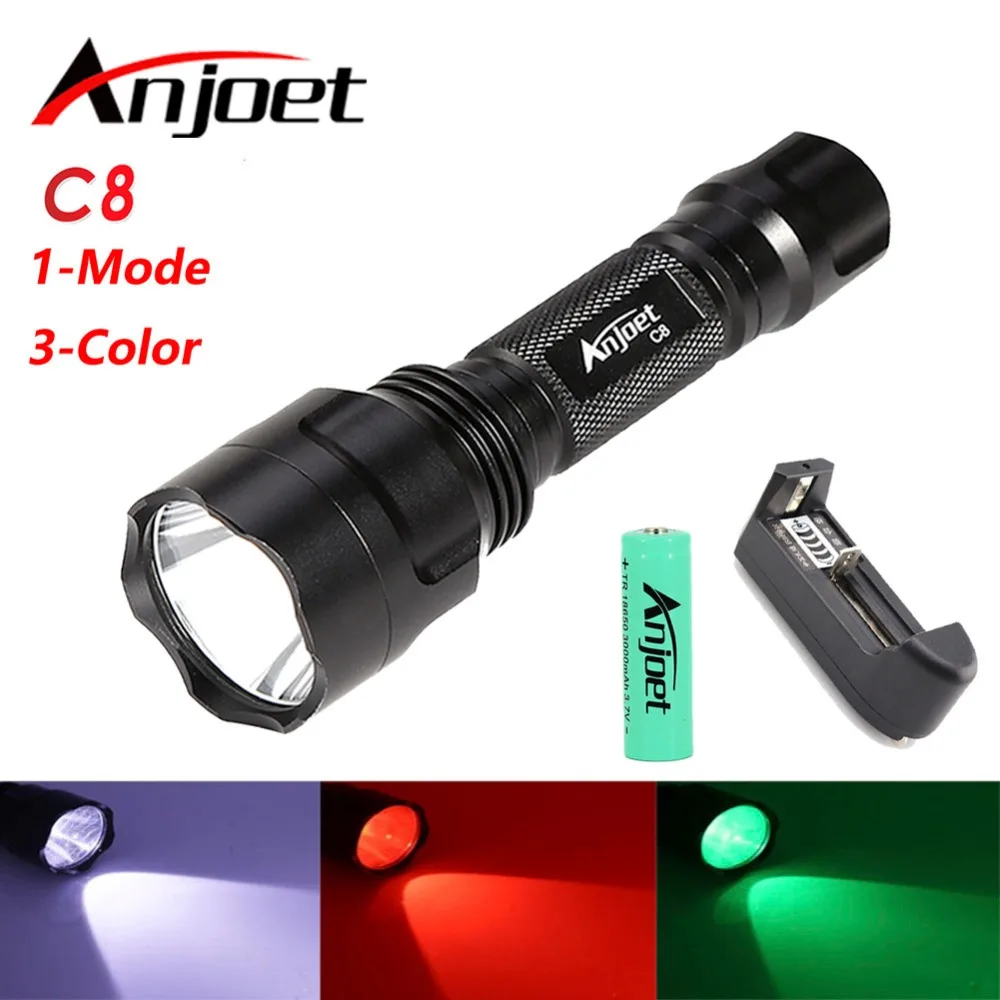 

1mode C8 White/Green/Red powerful T6 led flashlight outdoor camping Riding Night Hiking waterproof torch+18650 battery+charger