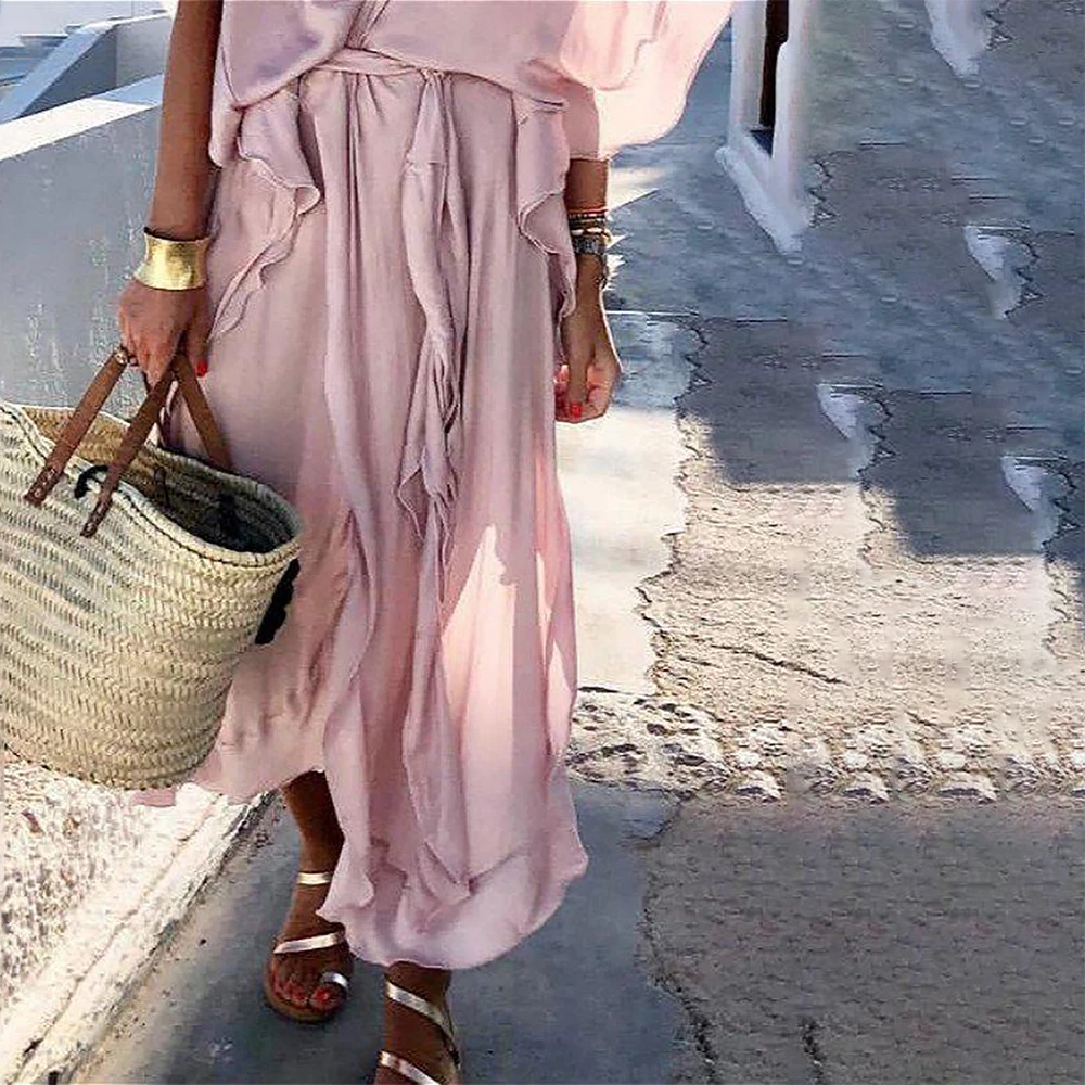

2019 Summer Boho Style Long Dress Women Sexy V-neck Short Sleeve Beach Dress Casual Chiffon Pink Ruffled Maxi Dress