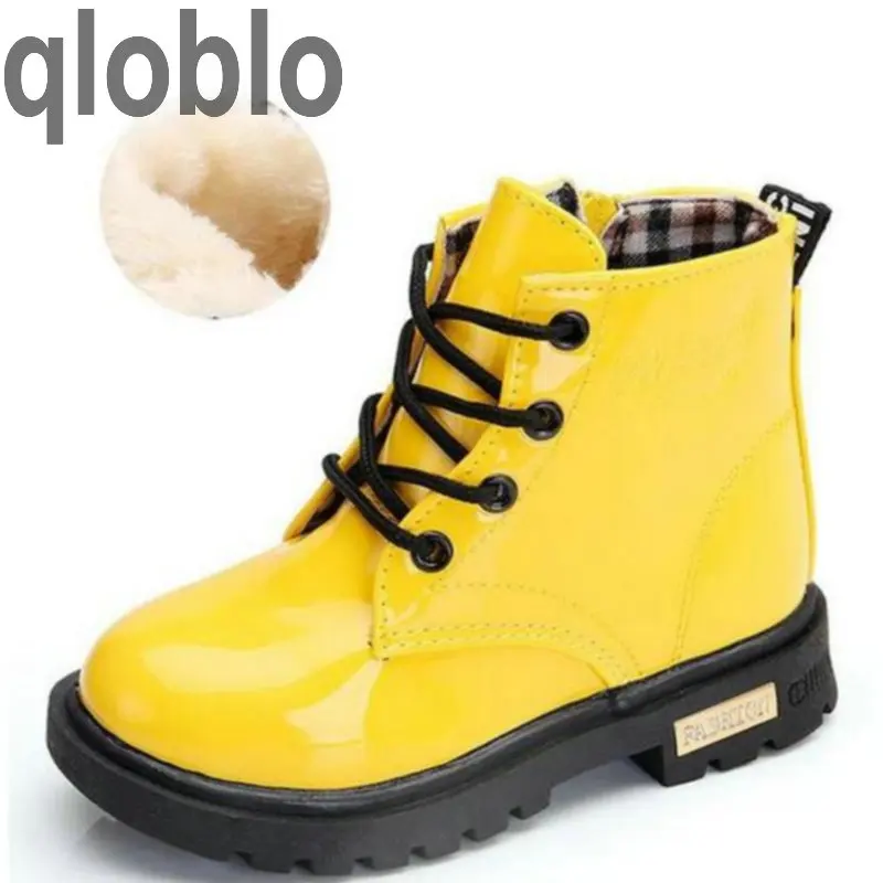 qloblo Winter PU Leather Waterproof Martin Boys Rubber Boots Kids Snow Boot Brand Girls Children's Fashion Sneaker | Детская одежда