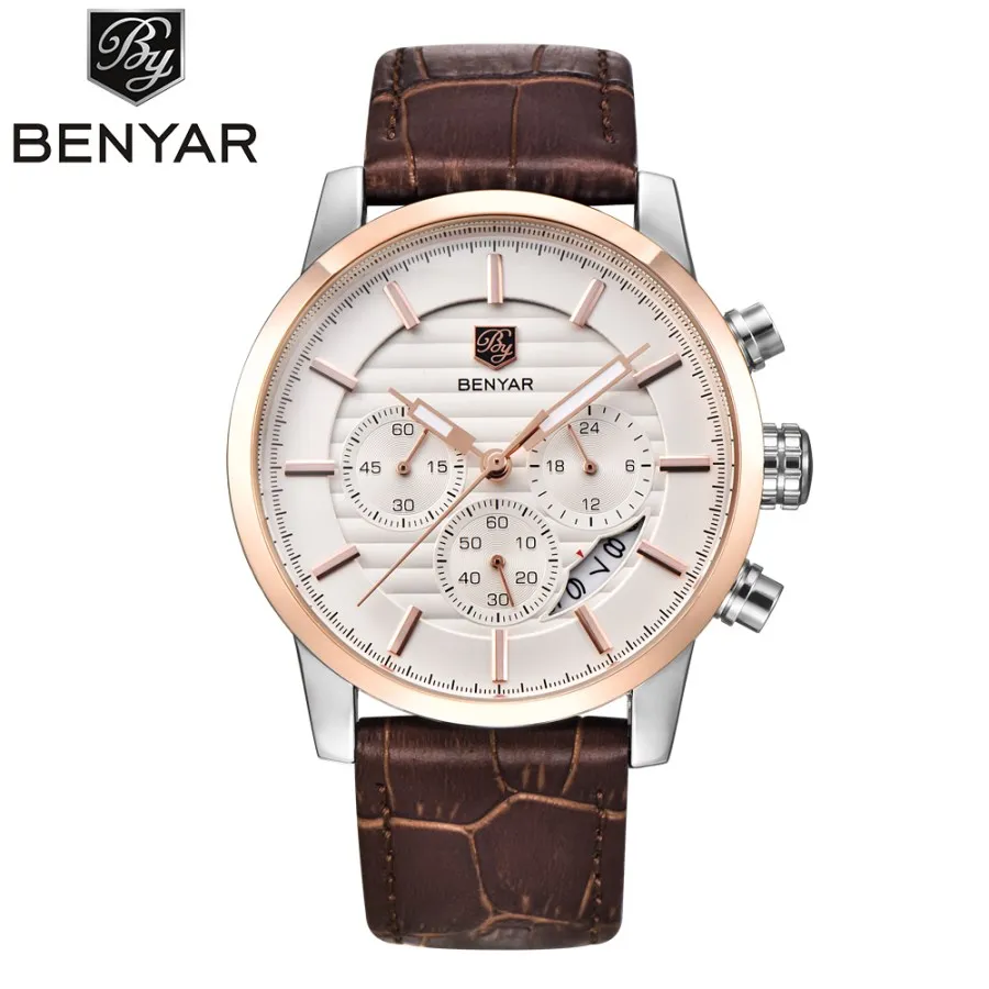 

Luxury Benyar Brand Men Military Sport Watches Men's Quartz Clock Leather Strap Waterproof Date Wristwatch Reloj Hombre