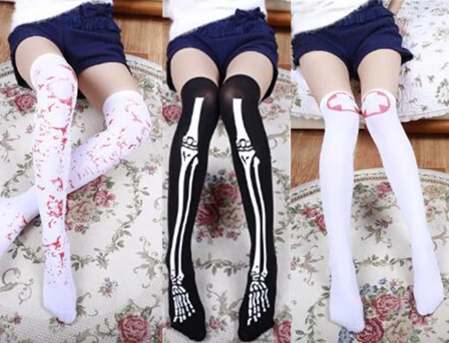 Чулки женские эластичные выше колена с черепом и кровью|skull stockings|high stockingsknee high