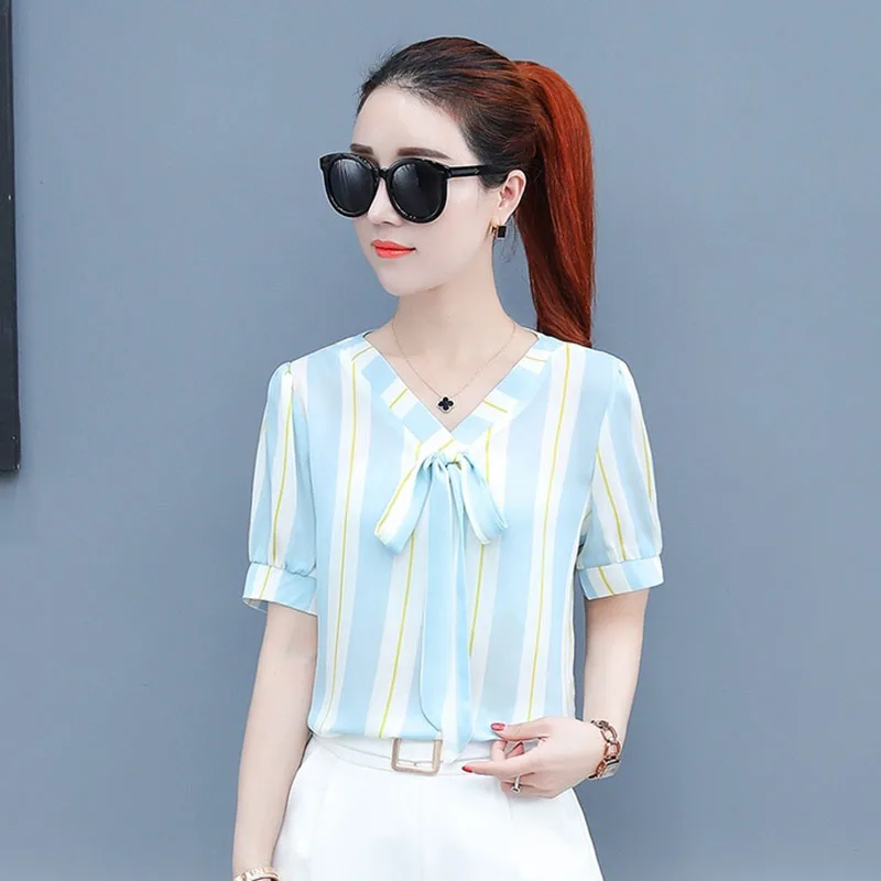 

2018 New Design Women Spring Summer Style Chiffon Blouses Shirts Lady Casual Striped V-Neck Bow Tie Blusas Tops DD1746