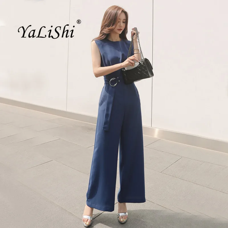 

Solid Plus Size Jumpsuits Summer Women Black Blue Sleeveless O-neck Full Length Elegant Office Party Playsuits Work Club Ladies