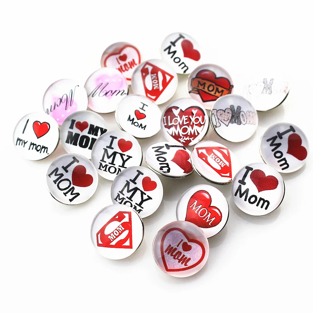 

Hot Sale 20pcs/lot Random I Love MoM Snap Button Print Glass Snap Charms Fit 18mm DIY Snap Bracelet Jewelry Mother's Day Gift