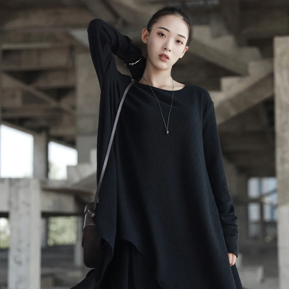 Cakucool Новое однотонное Черное женское Ассиметричное платье с длинными рукавами Normcore, свободные длинные платья средней длины, Осенние готические платья размера плюс