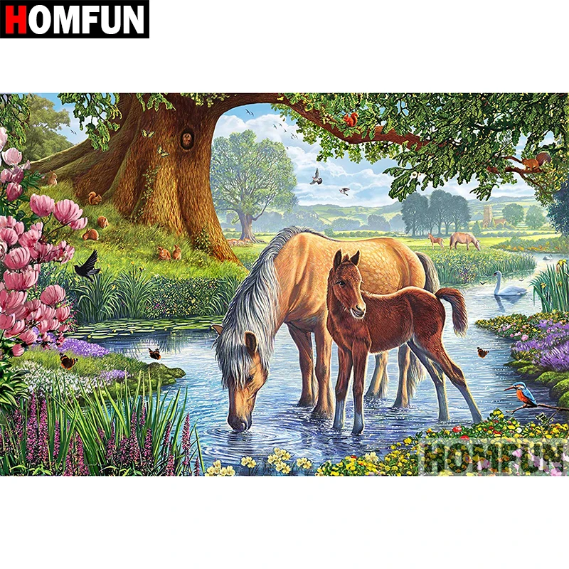 

HOMFUN 5D DIY Diamond Painting Full Square/Round Drill "Animal horse" Embroidery Cross Stitch Mosaic Home Decor Gift A08404