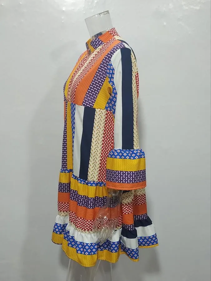 Feitong Fashion Dress Women Vestidos Autumn Plus Size Bohemian Ethnic Floral Stripes Long Sleeve V-Neck Dresses платье летнее