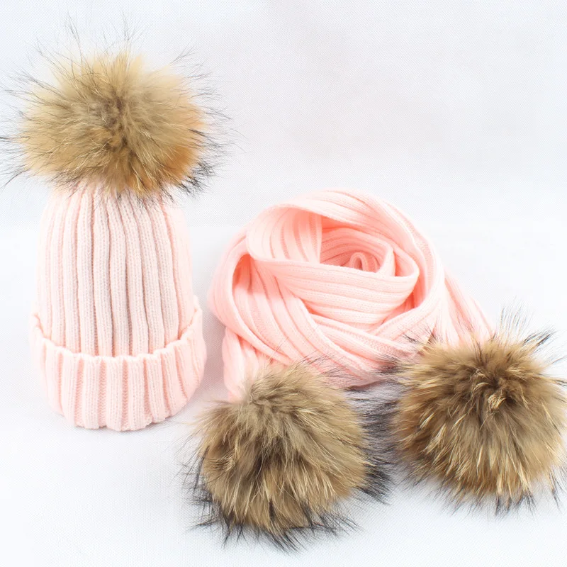 

New Women Winter Hats And Scarf Sets Warm Cashmere Knitted Cap Scarf For Girls High Quality Fur Pompoms Hats Lady Beanie Scarves