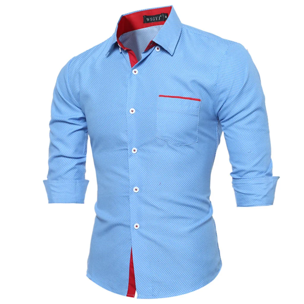 Синий Мужская одежда, рубашки с длинным рукавом, модная блузка, топы, camisa masculina, мужские рубашки, облегающие, в горошек, d90622 - Цвет: Синий