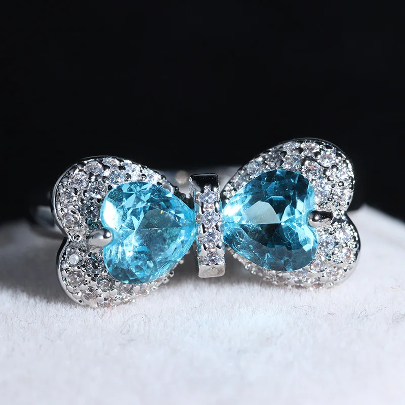 Aqua Blue Кубический Цирконий Кристалл CZ серебряный цвет кольца свадебный бант для женщин девочек подарок ювелирные изделия оптом Аквамарин кольцо