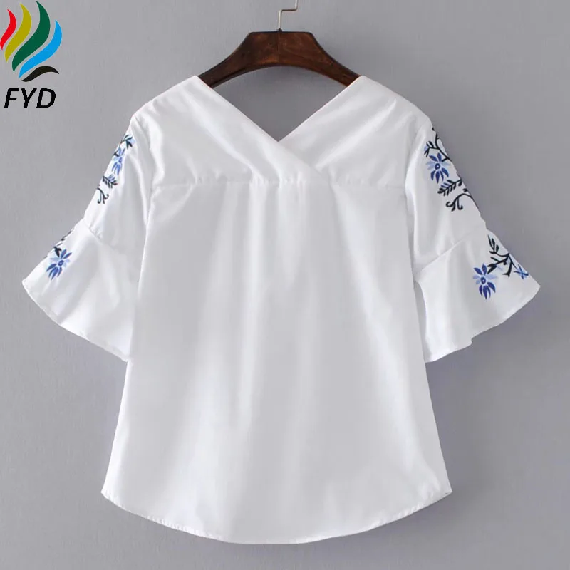 White Blue Women Blouses Summer 2017 Brand Floral Embroidery Flare Sleeve Chemisier Femme Tops Elegant V-Neck Woman Blusas Z354 |
