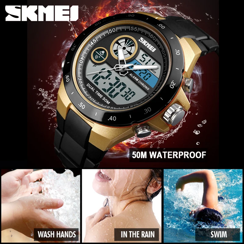 Спортивные цифровые часы SKMEI для мужчин водонепроницаемые с двойным дисплеем ПУ